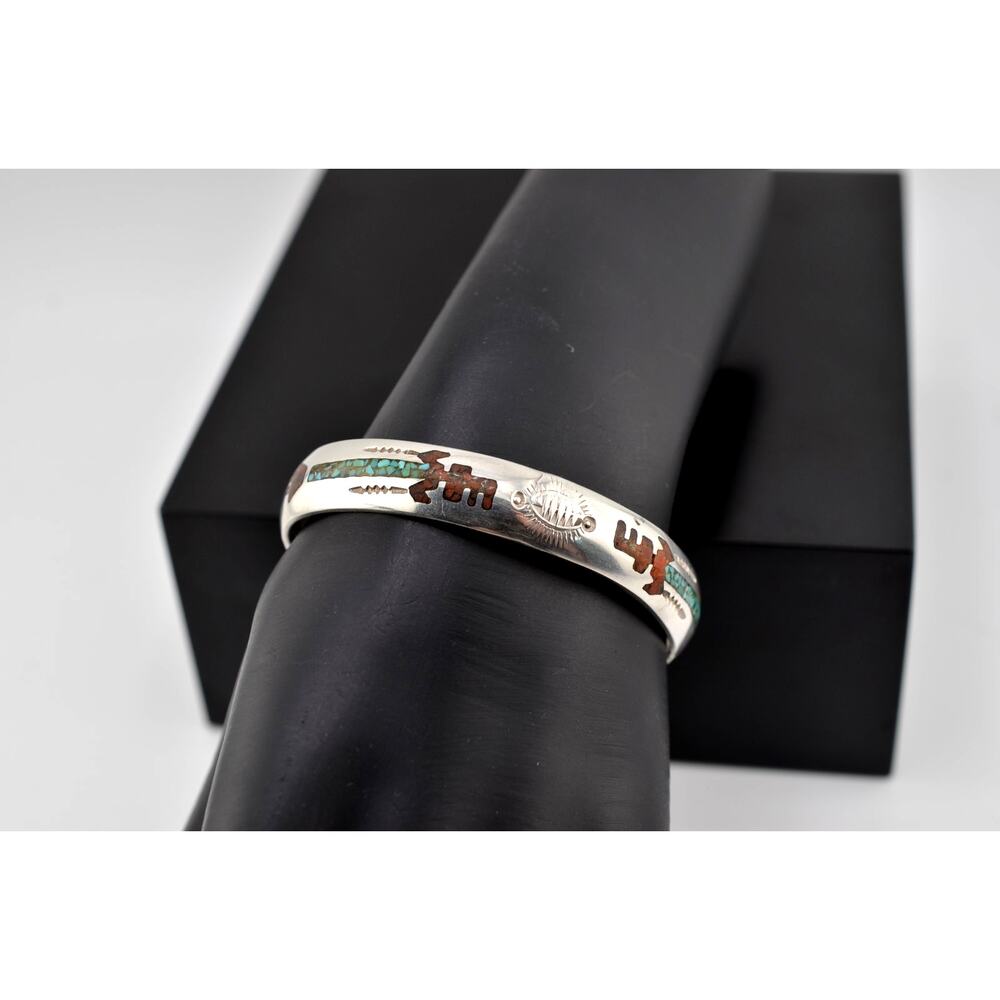 Navajo Turquoise and Coral Bracelet Marked Gilbert Ortega Shops